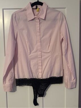 Victoria's Secret Pink Button-Front Long Sleeve Bodysuit with Black Lace Trim